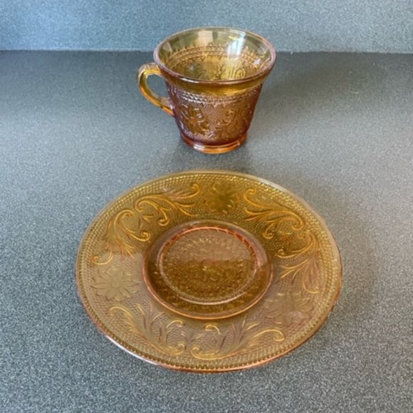 Amber Sandwich Glass Cup and Saucer - Picture 2 of 5